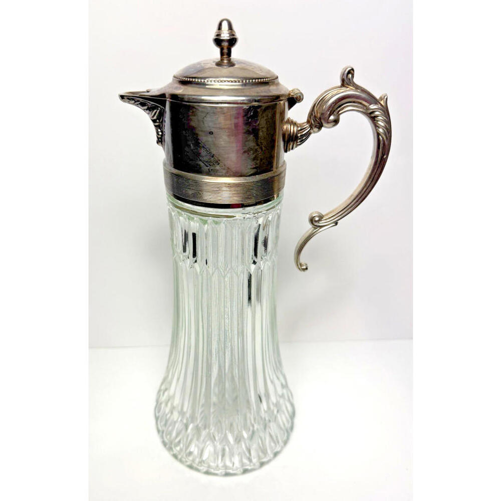 VTG Antique ITALY Silver Plated Glass Carafe w/ Insert 14” MCM Beverage Pitcher